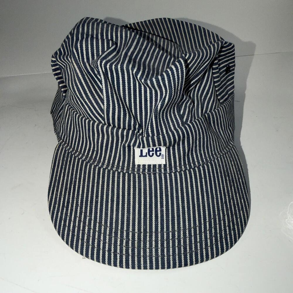 VTG Lee Denim Train Conductor Hat Railroad Stripe Engineer Cap Union Made In USA